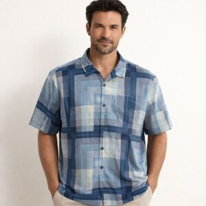 Tommy Bahama 100% Silk Shirt Mens Sz XL Blue Geometric Short Sleeve Button Up